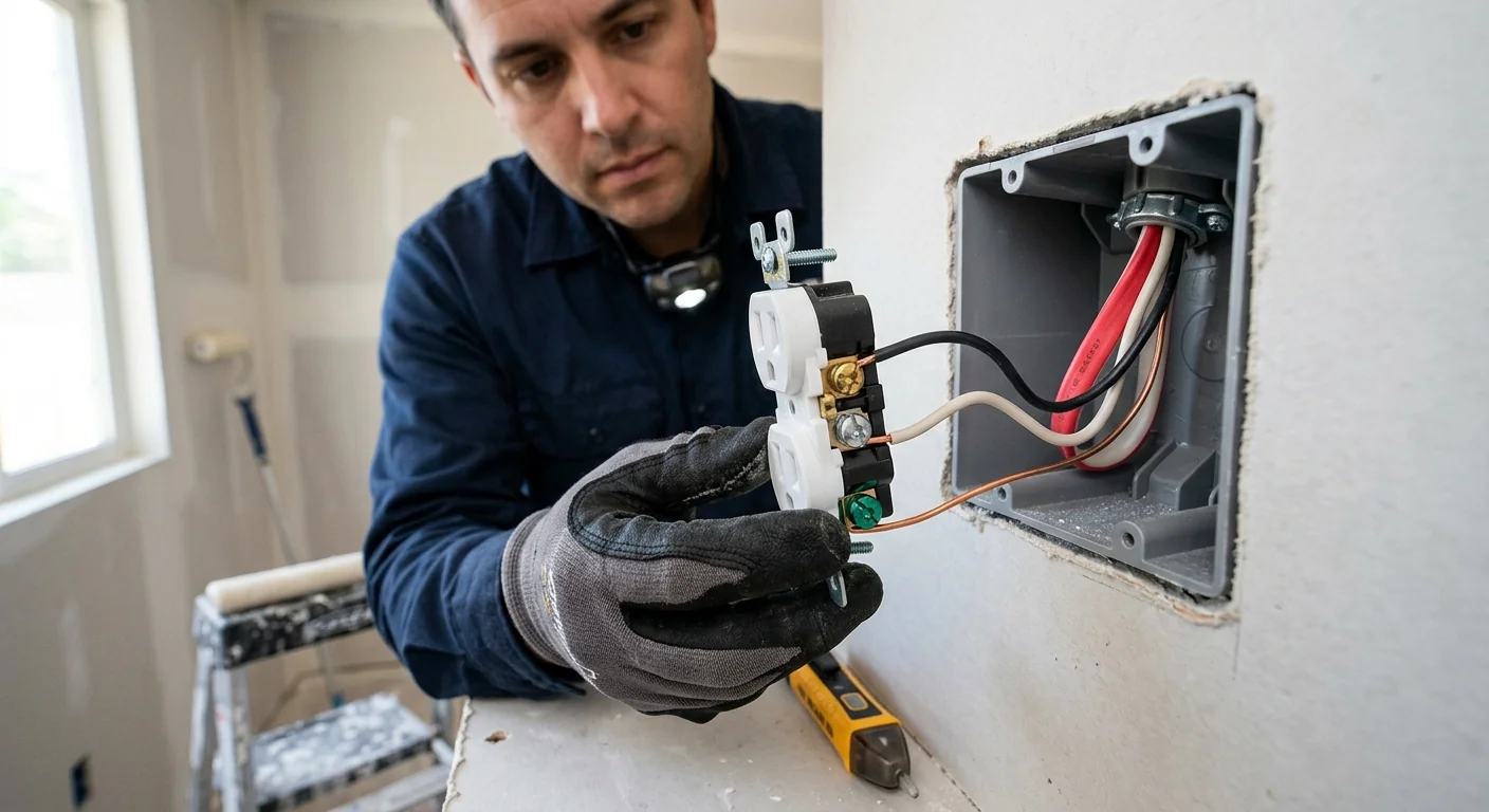 Close-up of grounded outlet installation with wiring inspected for proper connections