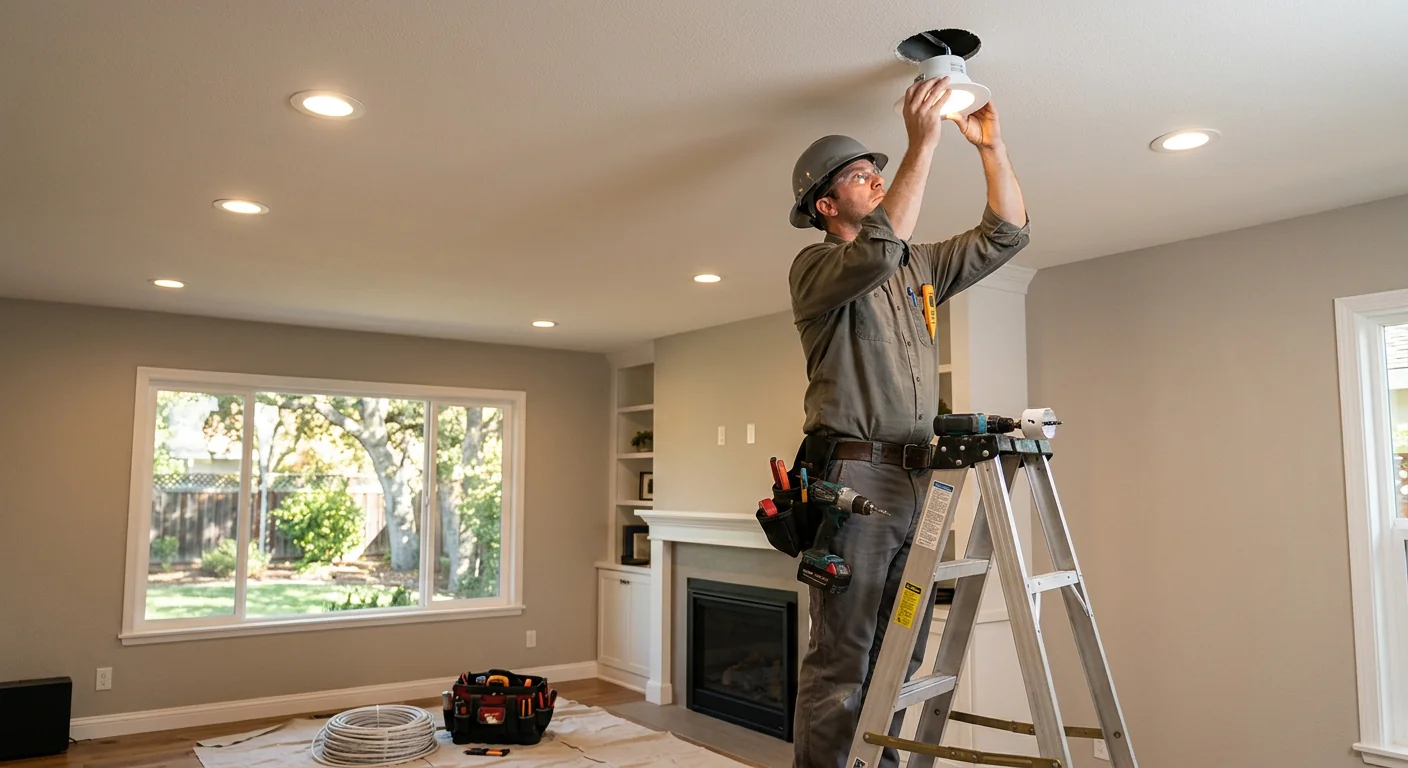Recessed lighting fixtures installed across a bright residential living room ceiling